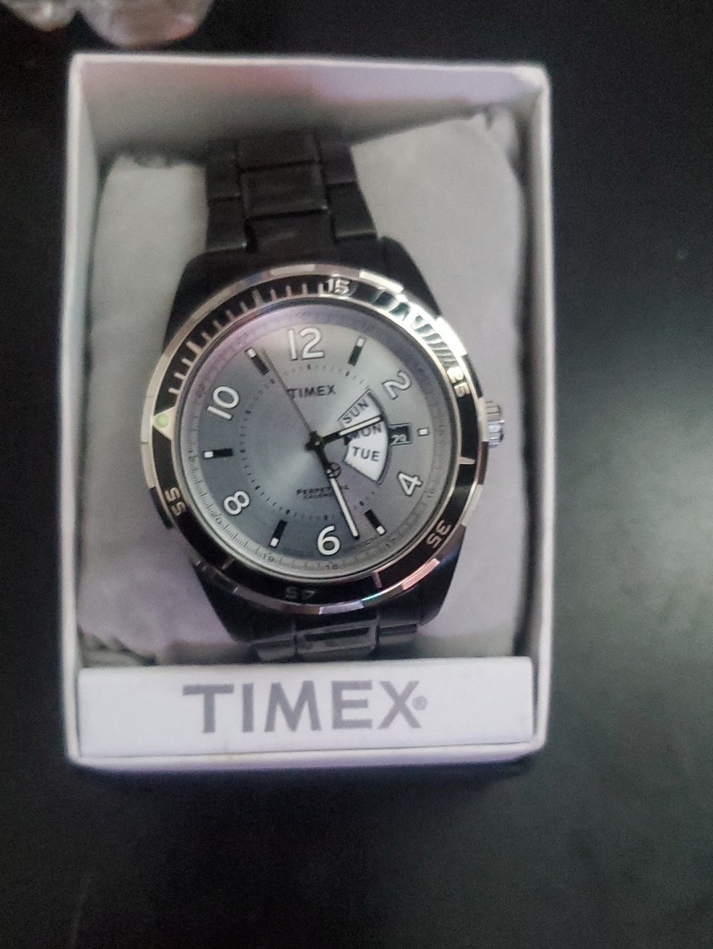 Timex Silver and Black Stainless Steel Watch with Day-Date